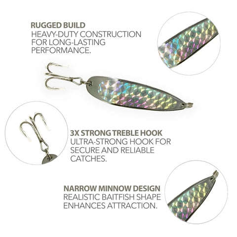 Pro Grade Spoon Fishing Lures Set, 2 Oz Silver Finish, 6 Pack With 3X Strong Mustad Treble Hooks, lure design features