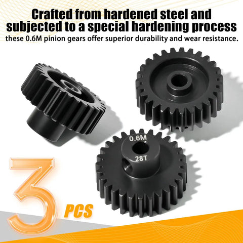 3 Pack Hardened Steel Pinion Gear Set 0.6 Mod 3.175mm Bore For 540 550 RC Motors, 26T 27T 28T Pinions, black gears