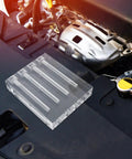 Rugged Transmission Oil Viscosity Tester With Acrylic Demo Stand And Four Hole Oil Comparator Essential Auto Maintenance Tool For Viscosity Testing And Oil Quality Checks In Shops Or Garages Perfect For Mechanic Aids And DIY Enthusiasts. Transparent acrylic four-hole oil comparator on engine bay