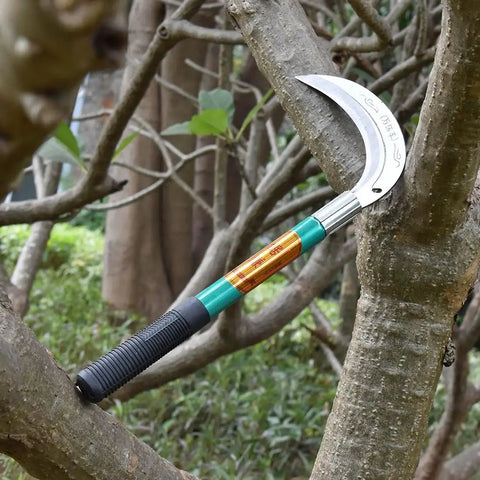 Heavy Duty Grass Sickle For Weeding And Brush Clearing With Carbon Steel Blade And Iron Handle on tree branch