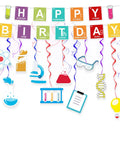 Periodic Table Birthday Banner And Chemistry Theme Backdrop For Science Classroom Party Decor Dope Durable Reusable Fabric Lab Theme Decorations Includes One Happy Birthday Banner And Ten Hanging Swirls For Boys And Girls with lab icons and colorful elements.