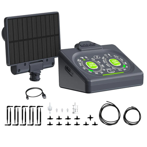 Programmable Solar Drip Irrigation System For Indoor Houseplants With Auto Shut Off and accessories displayed