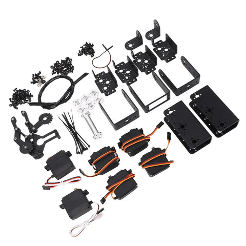 Heavy Duty 6DOF Mechanical Arm Claw Kit With Dual Power Control For College Teaching Maker Education And Small Scale Industrial Robot Manipulator Projects Using High Torque Servo Motors parts and servo motors on a white surface.
