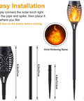 12 Pack Solar Torch Lights Outdoor Flickering Flame Tiki Torches With Auto On Off Upgraded 12 LED Mini Solar Powered Pathway Lights IP65 Waterproof Fire Effect Decor For Garden Patio And Pathway, shown assembled with dimensions.