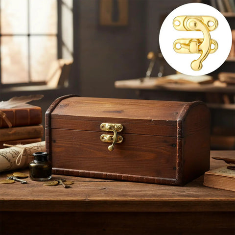 Hella Smooth Swing Arm Latches For Jewelry Boxes Top Shelf Antique Gold Clasps on vintage wooden box display.