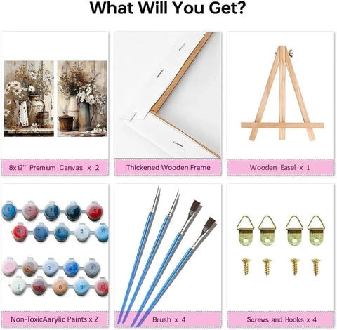 Floral Paint By Numbers Kit For Adults And Beginners Two Pack With Framed Canvases Wooden Easels Acrylic Paints Brushes And Hooks