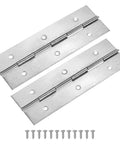 Six Inch Stainless Steel Piano Hinges Two Pack Badass Continuous Cabinet Door Hinge With Pre Drilled Holes And Screws For Toolboxes Diy Builds Rv Mods And Storage Crates Silver Tone displayed with screws.