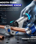 Heavy Duty Copper Pipe Cutter Set with ergonomic knob cutting copper pipe, showing precise pressure control, ideal for DIY repairs.