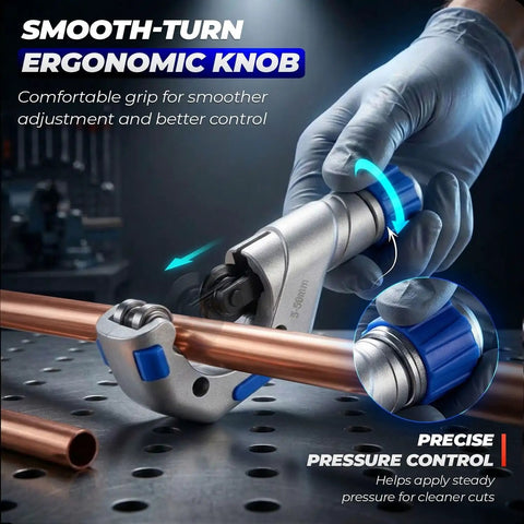 Heavy Duty Copper Pipe Cutter Set with ergonomic knob cutting copper pipe, showing precise pressure control, ideal for DIY repairs.