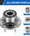 Top, front, and bottom views of Rear And Front Wheel Bearing Hub Assembly Set For Ford Explorer Rear 2011 To 2018 And Police Interceptor Utility Front 2012 To 2019 5 Lug With ABS 2 Pack Heavy Duty OEM Grade Hubs