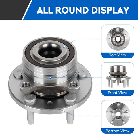 Top, front, and bottom views of Rear And Front Wheel Bearing Hub Assembly Set For Ford Explorer Rear 2011 To 2018 And Police Interceptor Utility Front 2012 To 2019 5 Lug With ABS 2 Pack Heavy Duty OEM Grade Hubs