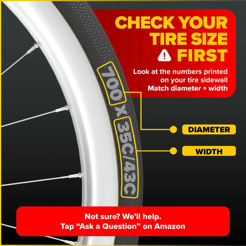 Guide showing tire size on bike wheel for 2 Pack 700C Bike Inner Tubes With 48mm Presta Valve, Butyl Rubber, Fits 700X35C To 700X43C Tires.