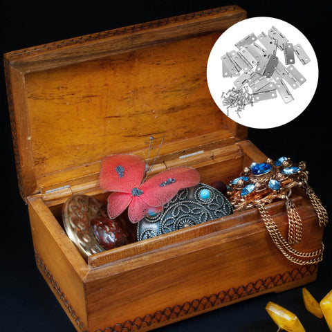 Open wooden jewelry box displaying ornate items with inset image of 20 Piece Mini Hinge Set For DIY Projects And Handmade Crafts Small Iron Hinges