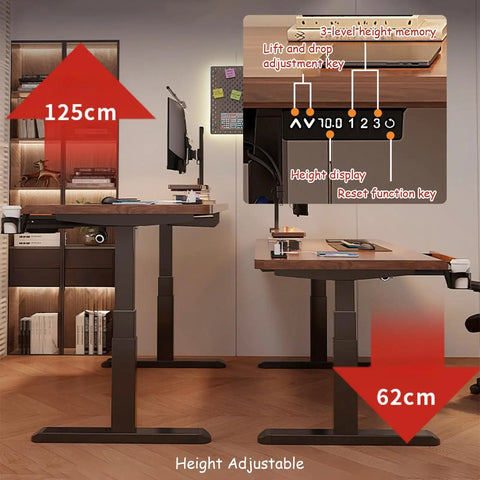 Slick Adjustable Standing Desk With Smart Memory Height Presets, Rock Solid Sit Stand Office Console with height adjustments from 62cm to 125cm.