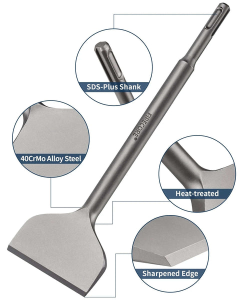 Firecore SDS-Plus chisel bit, 3in wide by 10in long, alloy steel tile-removal tool with cranked bend