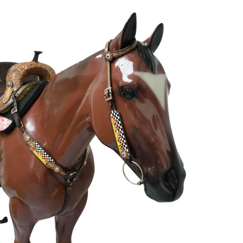 Custom Western Leather Headstall And Breast Collar Tack Set Showcasing Fire Painted Finish on a brown horse head close-up.