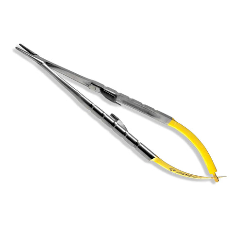 Castroviejo Micro Needle Suture Holder Driver with tungsten carbide inserts and gold ends, 5.5 inch straight jaws for micro surgery.
