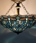 Sea Blue Tiffany Stained Glass Dragonfly Ceiling Light Fixture Lit Look Semi Flush Mount 16 Inch Wide 15 Inch High