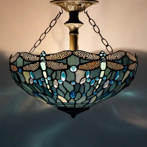 Sea Blue Tiffany Stained Glass Dragonfly Ceiling Light Fixture Lit Look Semi Flush Mount 16 Inch Wide 15 Inch High