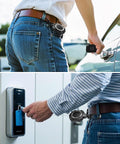 Man using Two-Pack Heavy-Duty Retractable Keychain With Carabiner And 31.5 Inch Wire Rope attached to belt, accessing car and ID reader.