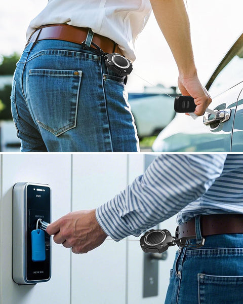 Man using Two-Pack Heavy-Duty Retractable Keychain With Carabiner And 31.5 Inch Wire Rope attached to belt, accessing car and ID reader.