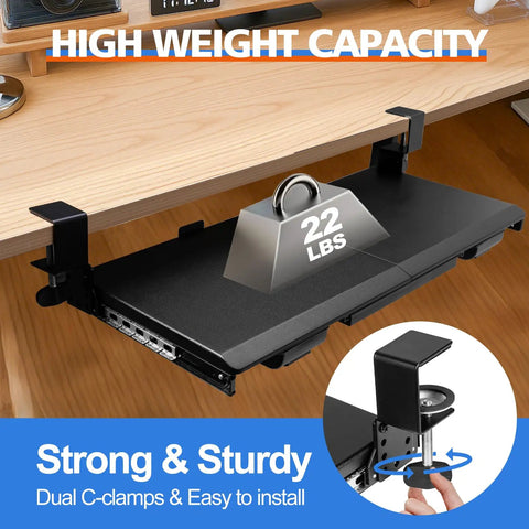 Large Height Adjustable Keyboard Tray With Sturdy C Clamp Mount And Storage Drawer For Home Office Desk Setup Upgrade, 22 lbs weight capacity