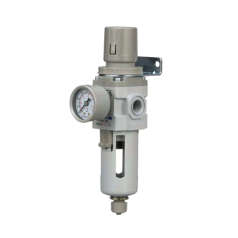 Air Filter Regulator Piggyback Combo 3/8 NPT With Metal Bowl Manual Drain Gauge And Bracket For Pneumatic Systems Easy Install 10-Micron Element 0-150 PSI 50 SCFM At 90 PSI