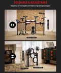 Electric Drum Set DED 200 Pro Electronic Kit in two adjustable positions, showcasing foldable frame and mesh pads in room settings.