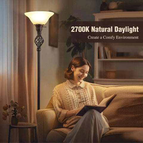 Woman reading beside the Torchiere Floor Lamp With Glass Bowl Shade and Swirl Vane Details, cozy living room setting