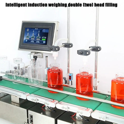 Heavy Duty Automatic Liquid Filling Machine On Rugged Conveyor Belt Built Tough Double Head Bottle Filler with liquid containers in use.