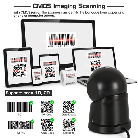 Omnidirectional Barcode Scanner For Lightning Fast Hands Free Data Capture Desktop USB Wired 1D 2D QR Code Reader setup