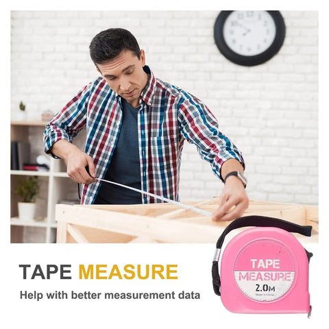 Man measuring wooden furniture with a tape measure, pink tape measure on a table; Grab And Go All In One Home DIY Tool Kit With Pink Storage Case For Household Office And Garage 24 Piece Hand Tool Set Ready To Use Right Out Of The Box For Quick Repairs Everyday Fixes