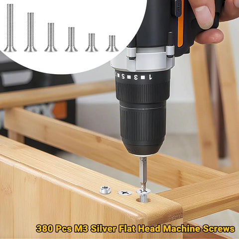 M3 Flat Head Screws And Hex Nut Kit Carbon Steel Countersunk Phillips Bolts Set with drill being used on wood
