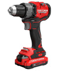 V20 1/2 Inch Cordless Drill Driver Kit with two batteries and charger, featuring 1/2 inch ratcheting chuck and onboard bit holders