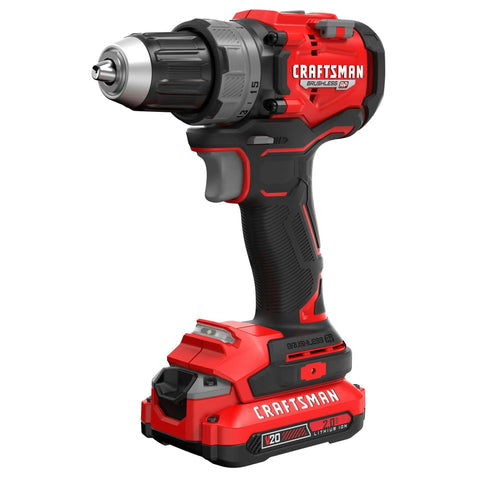 V20 1/2 Inch Cordless Drill Driver Kit with two batteries and charger, featuring 1/2 inch ratcheting chuck and onboard bit holders