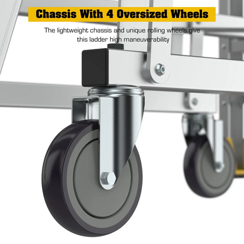 Heavy Duty Four Step Aluminum Rolling Platform Ladder Built Like A Tank For Warehouse Tasks Featuring Smooth Gliding Wheels And Super Grippy Nonskid Steps Rated For A Rock Solid Three Hundred Seventy Five Pound Load