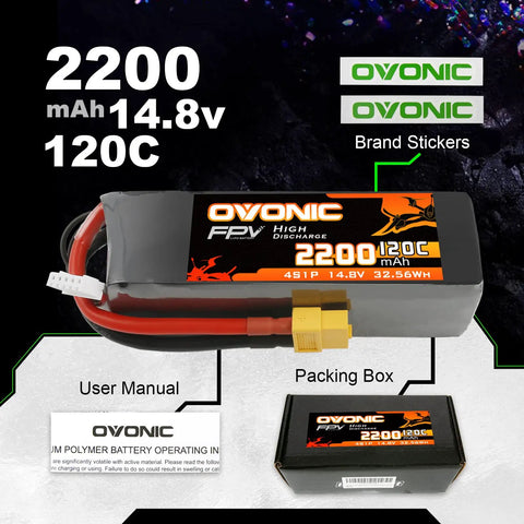 4S 14.8V 2200mAh 120C LiPo Battery With XT60 Connector, packing box, brand stickers, and user manual displayed.