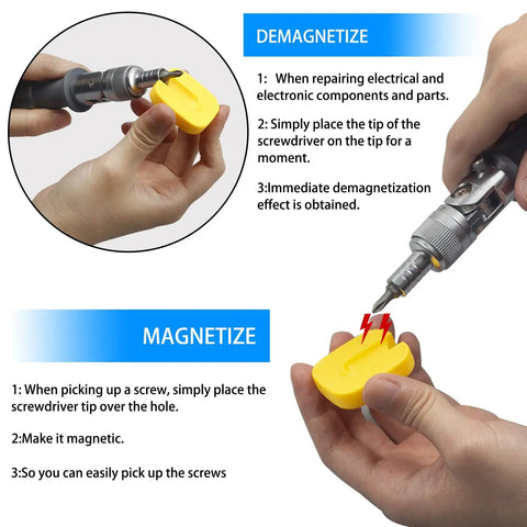 Instructions showing demagnetize and magnetize functions of Ratcheting Screwdriver 10 In 1 Magnetic Head Set With S2 Steel Bits.