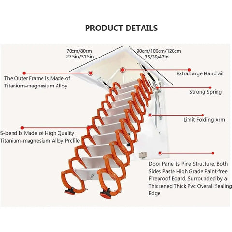 Heavy Duty Electric Pull Down Loft Ladder with titanium-magnesium alloy frame and sturdy construction, showing product details.