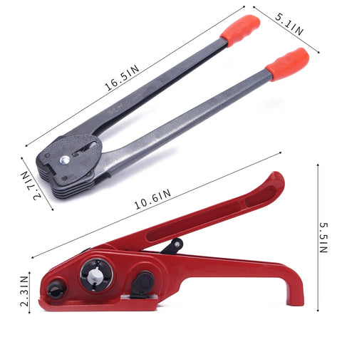 All In One Banding Kit With Poly Strapping Tensioner Sealer Tools showing tensioner and sealer tools with dimensions