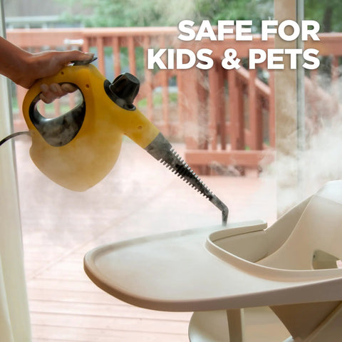 Heavy Duty Handheld Steam Cleaner Badass Chemical Free Deep Powerhouse With 11 Slick Nozzles For Kickin Grime Off Floors Carpets And Kid Safe Home Sanitizing Tools cleaning a high chair surface.