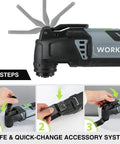 Built Different Professional Grade Corded Oscillating Multi Tool With Rock Solid 3 Amp Motor demonstrating safe quick-change accessory system.