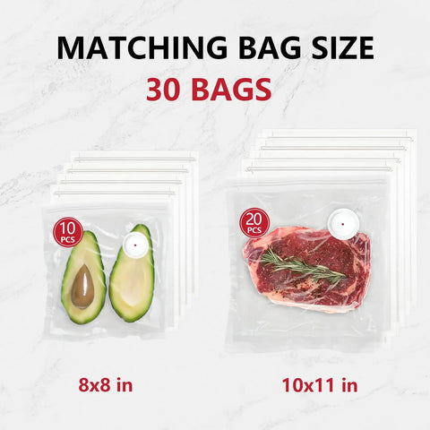 Handheld Vacuum Sealer For Food With 30 Reusable Bags showcasing 10 avocado-size and 20 steak-size vacuum storage bags