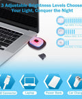 USB rechargeable headlamp for Lighted Beanie Hat Gloves Scarf Set with brightness levels shown next to a laptop