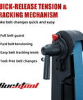 Close-up of Beefy Variable Speed Belt Sander For Metalworking, 2x42 Inch, 3.5A DC Motor with quick-release and tracking knob