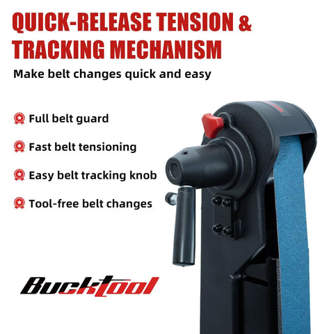 Close-up of Beefy Variable Speed Belt Sander For Metalworking, 2x42 Inch, 3.5A DC Motor with quick-release and tracking knob