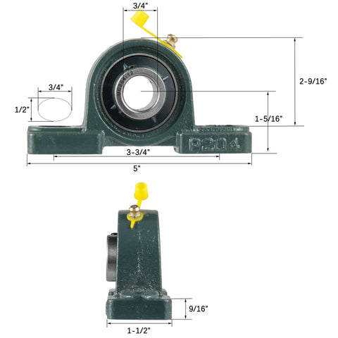 Two Pack Pillow Block Mounted Ball Bearings UCP204-12 Three Quarter Inch Bore Self Aligning With Cast Iron Housing, front and side view