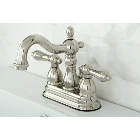 Heritage 4 Inch Centerset Lavatory Faucet in Polished Nickel with metal lever handle, 3-hole install, deck mount view