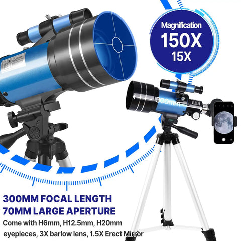 70mm Aperture Portable Refractor Telescope for Adults and Beginners 300mm Travel Scope with Phone Adapter on tripod