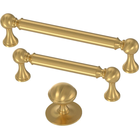 10 Pack Modern Gold Cabinet Knobs 1-1/2 Inch Kitchen Cabinet Handles And Drawer Knobs For Cupboards, Dressers, Furniture, And Bathroom Vanities Farmhouse Style To Level Up Your Space - three brushed gold knobs and handles on white background